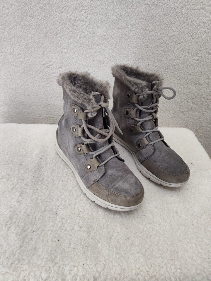 Sorel Explorer Joan Mujer Botas 9.5 Gris Gamuza Con Cordones Forrado Tobillo Plano Zapato Foto 1 de 4