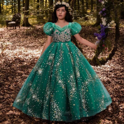 Kids Prom Gown Elegant Sequin Bridesmaids Girls Wedding Party Princess Dresses - Image 1 of 4