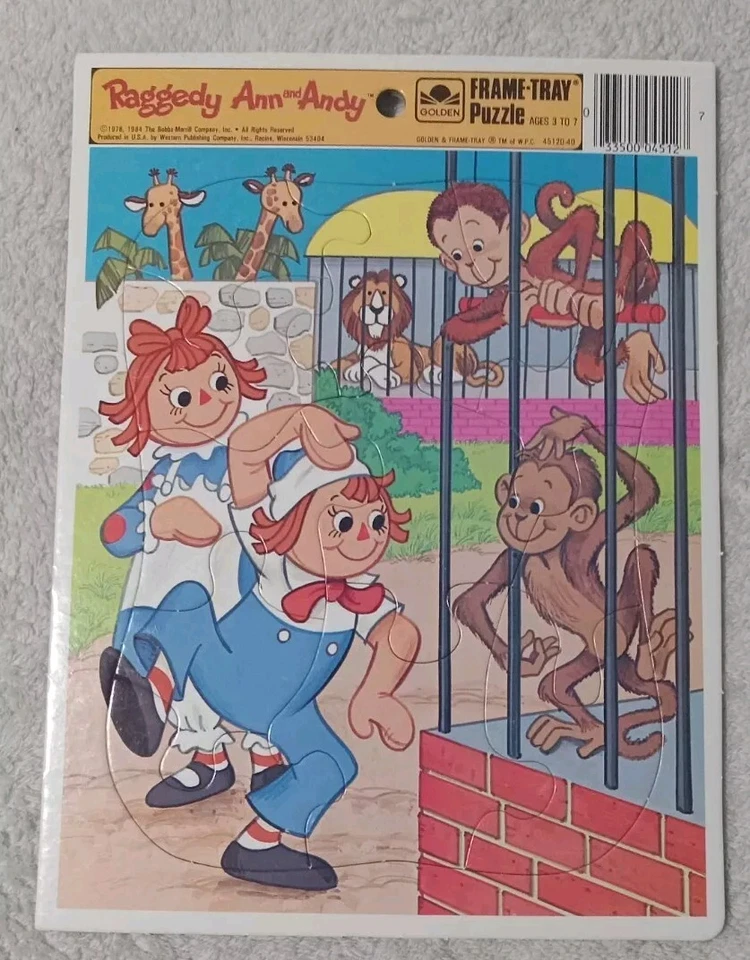 Vintage 1984 Golden  Raggedy Ann and Andy Puzzle  Zoo Animals Frame-Tray - Image 1 of 1