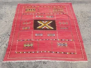 Feiner Vintage traditioneller handgefertigter orientalischer Woll-Kelim mehrfarbig 4,11 x 5,3 Fuß - Bild 1 von 12