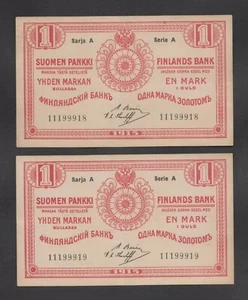 FINLANDIA 1 Markkaa 1915 XF/AU - AU P16b consecutivo ser #'s 11199918 y 11199919 - Imagen 1 de 2