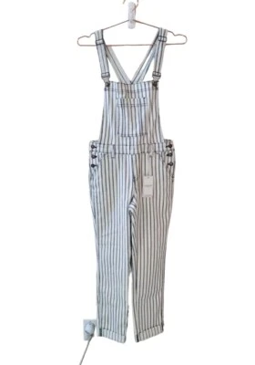 New JUDY BLUE S White Blue Stripe Painter Boyfriend Overalls Women - Image 1 of 4