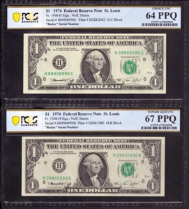 1974 $1 FRN NOTES ST. LOUIS RADAR REPEATER ROTATOR SERIAL NUMBERS PCGS 64/67 PPQ - Picture 1 of 4