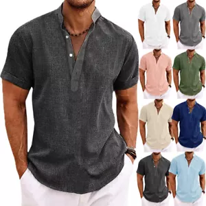 Mens Linen Shirts Summer Short Sleeve Tops V Neck Loose Casual Button Blouse ## - Picture 1 of 55