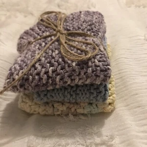 Handmade Set of 3 Crochet Cotton Dish Cloths or Wash Cloths - Picture 1 of 3