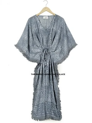 Vintage Indian Hand Block Print Cotton Kaftan Maxi Dress,Hippie Boho Grey Caftan - Image 1 of 3