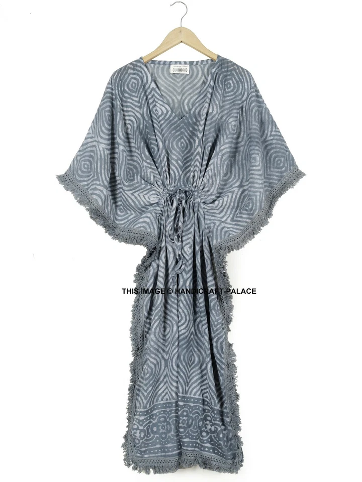 Vintage Indian Hand Block Print Cotton Kaftan Maxi Dress,Hippie Boho Grey Caftan - Image 1 of 3