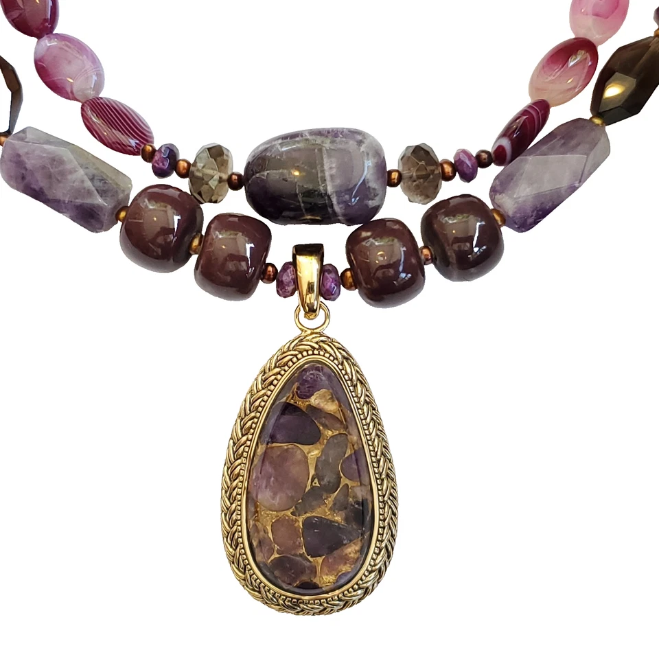 Барс золотистый бронзовый коренастый двойной прядь фиолетовый аметист подвеска ожерелье - Изображение 1 из 4