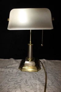 Cheyenne Banker's Lamp Heavy Brass/Metal & Frosted Pebbled Embossed Glass Shade - Picture 1 of 9