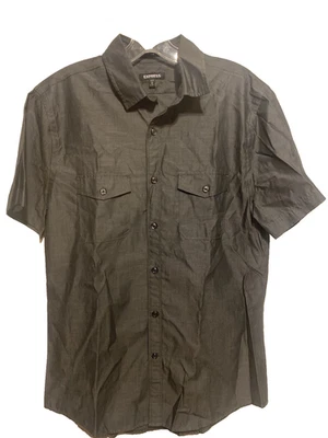 Express Men's Size Medium Slim Fit Button Up Short Sleeve Dark Gray Print NWOT - Image 1 of 4