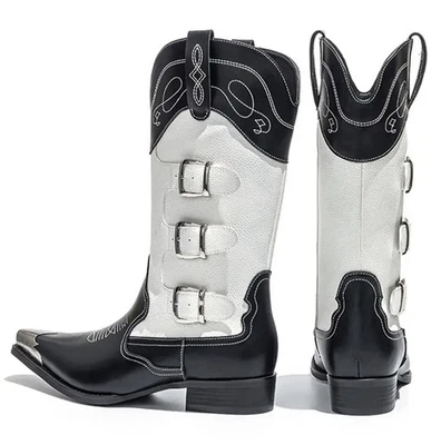 Botas vaqueras de cuero blancas y negras para hombre | Bordadas occidentales con correas talla 10 Foto 1 de 4