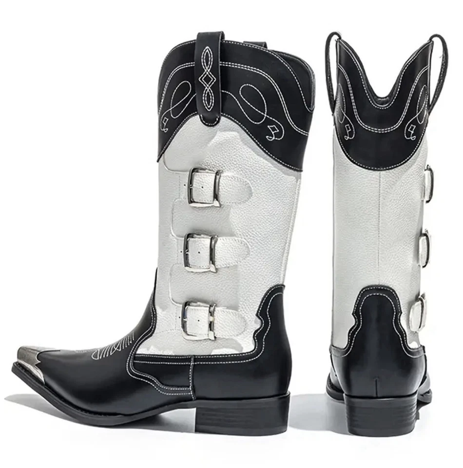 Botas vaqueras de cuero blancas y negras para hombre | Bordadas occidentales con correas talla 11 Foto 1 de 4