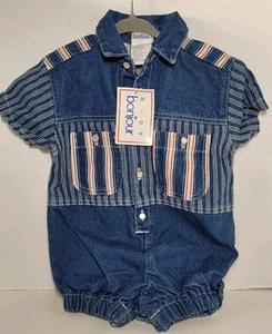 Vintage Baby Bonjour Denim Romper One Piece Outfit Unisex Boy Girl 18 Months - Picture 1 of 10