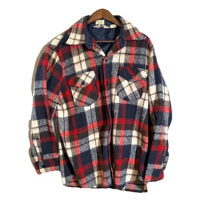 Vintage 70’s Gimbels Flannel Jacket Orange Blue Plaid Heavy Wool Mackinaw Mens L - Image 1 of 4