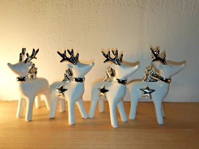 4er Set Hirsch Weiß Weihnachtsdeko Figur Rentier Weihnachten Keramik Fensterdeko - Bild 1 von 4