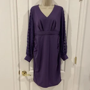 Marcie Purple L Midi Sheath Dress Long Mesh Sleeve V Neck - Picture 1 of 13