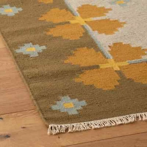 Yellow Floral Wool Area Boho Rug Fall Modern Carpet Neutral Living Room Area Rug - Picture 1 of 9