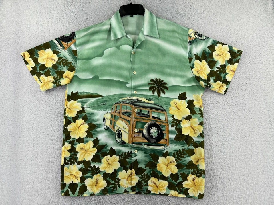 Рубашка мужская Big Brother большая зеленая классическая карточка деревянный серфинг цветочный гибискус полиуретан - Изображение 1 из 4