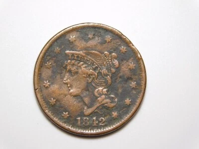 US COINS 1842 BRAIDED HAIR  LARGE CENT *SLIGHTLY BENT* - Image 1 of 4