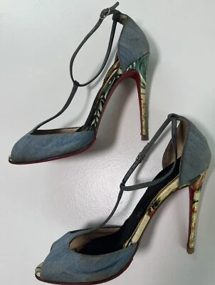 Christian Louboutin 37,5 каблуки черный джинсовой ткани заглянуть носок цветочный каблук Stiletto  - Изображение 1 из 4