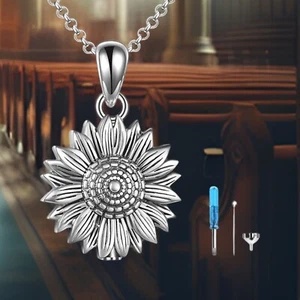 Silver Sunflower Urn Necklace for Human Ashes - Sterling Silver Memorial Jewelry - Picture 1 of 6