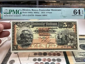 Mexico Banco Peninsular Mexicano Pick S465a M561a 1914 5 Pesos PMG 64 EPQ - Picture 1 of 24