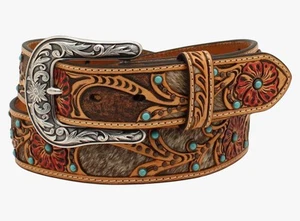 Ariat Western Women Belt Sm Leather Rhinestone Turquoise Calf Hair Inlay Tooled - Picture 1 of 16