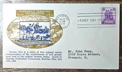 US FDC #837 Marietta Celebration Commission M-2c 1938 OH Northwest Territory - Image 1 of 2