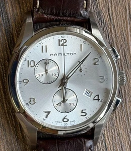 Reloj para hombre Hamilton Jazzmaster H386120 esfera plateada cronógrafo correa de cuero - Imagen 1 de 12
