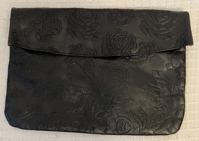 Florenzo Clutch / Travel Bag, Italian Black Leather with Embossed Roses, Vintage - Image 1 of 4