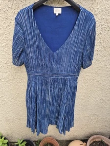 East Blue V Neck Short Sleeve Crepe A Line Crinkle Dress With Stretch Size Uk 16 - Picture 1 of 4