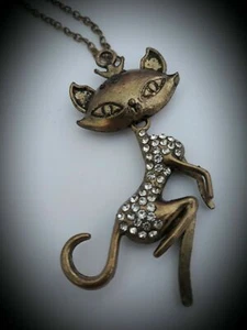 Kette Katze Anhänger bronze Strass beweglicher Körper Vintage (2) - Bild 1 von 2