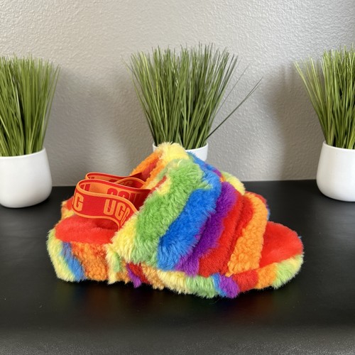 UGG FLUFF YEAH SLIDE CALI COLLAGE PELLICCIA ARCOBALENO SANDALI DONNA TAGLIA 7