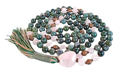 Embrace Natural Beauty: Hand Knotted 8mm Moss Agate and Rose Quartz Mala - Image 1 of 4