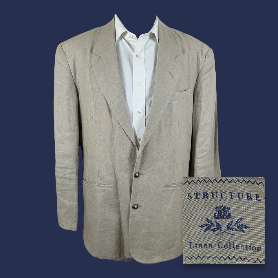 Structure Sport Coat Blazer Mens M Beige Linen Two Button - Image 1 of 4