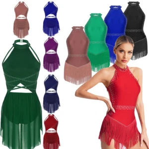 Damen Lyrische Tanz Kostüme Ärmellos Mesh Tüll Kleid Strass Performance Bodysuit - Picture 1 of 142
