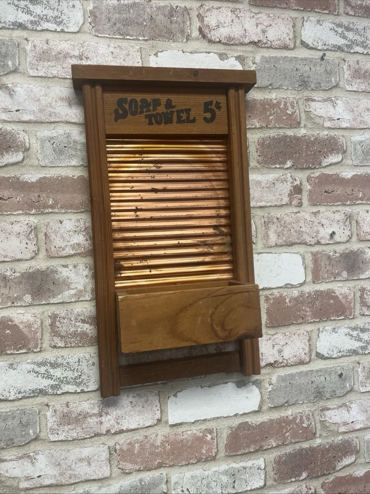 Vintage WASHBOARD With Cubby,  Wood And Brass, 18"x11" - Image 1 of 1