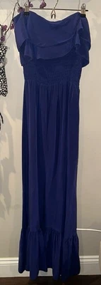 Maxi Vestido Jay Godfrey Seda 0 Azul Real Tubo Top Volantes Dobladillo Calado Foto 1 de 4