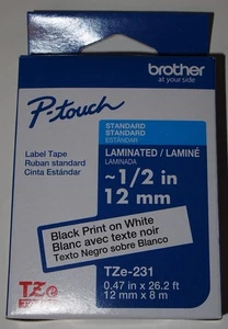BRAND NEW Brother P-Touch 1/2" Black Print on White Laminated Label Tape TZe-231 - Picture 1 of 2