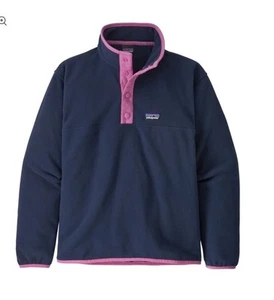 Patagonia Girls' Micro D Snap-T Pullover Sweater Size L 12 Fleece Blue Pink Trim - Picture 1 of 10