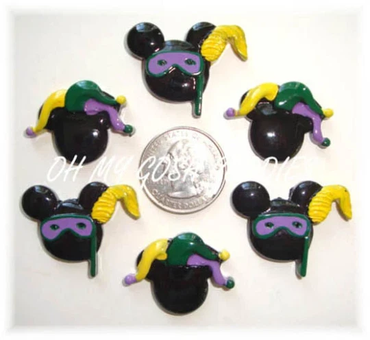 6 PIEZAS RESINAS PLANAS MARDI GRAS MICKEY MINNIE FLATBACK PARA ARCO DE PELO MOÑO CENTRO Foto 1 de 1