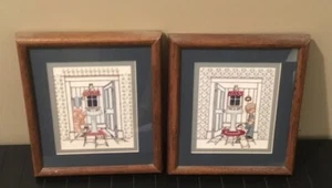 Vintage Cross Stitch Bathroom Theme Framed Pictures Set Of 2 - Picture 1 of 10