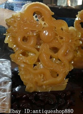 Estatua china de doble dragón con cuentas largas talladas en jade amarillo natural Feng Shui Foto 1 de 4
