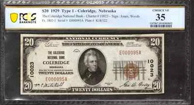 1929 $20 COLERIDGE NATIONAL BANKNOTE CURRENCY NEBRASKA PCGS 35 CHOICE VF (095A) - Image 1 of 2