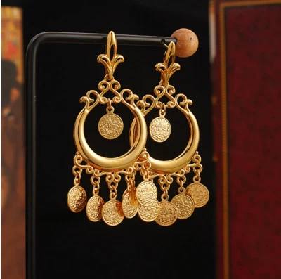 22K золото покрытием Дубай марокканский турецкий подвеской монета серьги индийский обруч серьги  - Изображение 1 из 4