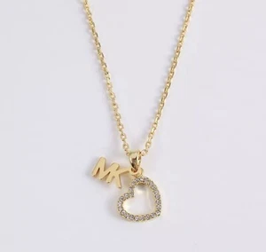 NWT MK Logo pendant necklace Sparkling Heart Gold Tone Free Shipping - Picture 1 of 5