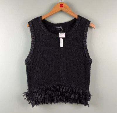 全新带标签 Club Monaco 无袖毛衣背心 尺寸 LG 适合 SM 黑色针织条纹背心 — 第 1/4 张图片