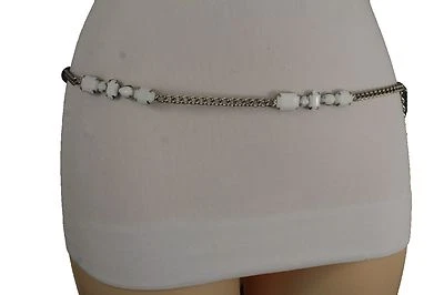 Moda Donna Cintura Hip Vita Alta Metallo Argento Catena Bianco Geometrico Perle - Immagine 1 di 4