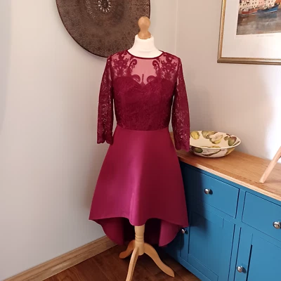 Chi Chi London Maroon Dress 10 Burgundy Floral Lace High Low Hem Button Occasion - Image 1 of 4