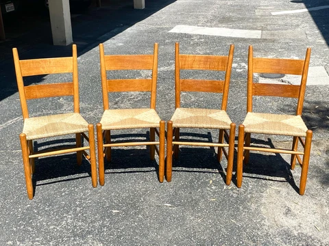 Vintage Farmhouse Ladder Back Rush Chairs Charlotte Perriand, Set of 4 Excellent Cover